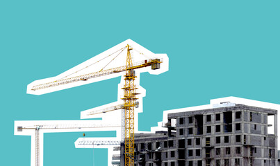 Silhouette of construction crane towering over urban site. Modern industrial concept symbolizing