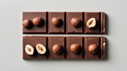 Chocolate bar with hazelnuts and almond slices, arranged on a light background. Sweets and confectionery, snack concept. Cocoa and nut combination.