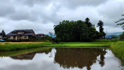 Rural Landscape with Pond, House and Trees