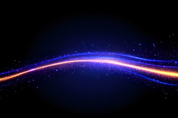 Glowing curved light trail with orange and blue neon streaks against dark background, surrounded by sparkling particles and cosmic dust effect.