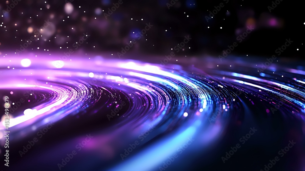 Wall mural glowing spiral light trails with purple and blue neon colors against dark background create dynamic 
