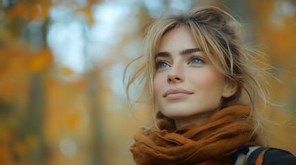 Obraz premium Young woman with blonde hair wearing cozy brown scarf smiling outdoors in autumn park with golden bokeh background and fall foliage.