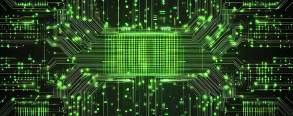 Obraz premium Glowing Green Circuit Board Abstract, Digital Technology, Network Data Processing, Circuitry