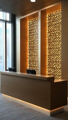 Modern reception desk with backlit textured wall panels.  Warm lighting illuminates the wood and creates a welcoming atmosphere