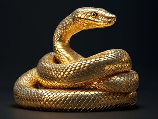 Fototapeta premium Golden Coiled Serpent 3D Render, Scales, Reptile, Gold Serpent, 3D Model