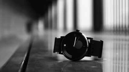 Stylish black wristwatch resting on a sleek surface in a modern setting with natural light highlighting its elegant design