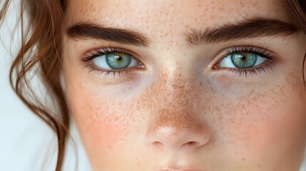 Fototapeta premium Close up portrait of young woman with natural freckles and bright green eyes against white background, showing natural beauty and authentic skin texture.