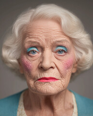 A formal portrait of a proud, elderly woman in her 90s, her face a canvas of deep wrinkles and natural imperfections, accentuated by an overabundance of colorful makeup.