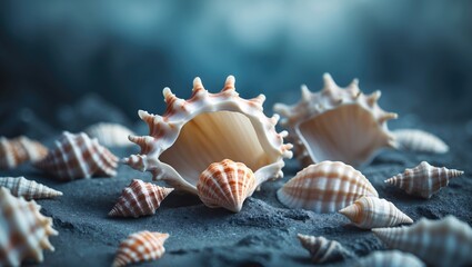 Obraz premium Various seashells on the sand, close-up shot. Nature and marine life, ocean shells, beach scene. Coastal and marine collection.