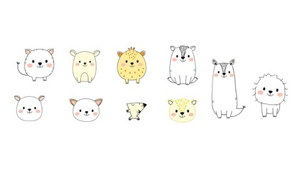 Cute animal doodles, minimalistic hand-drawn style, each animal isolated on transparent background, perfect for kids and education themes"
