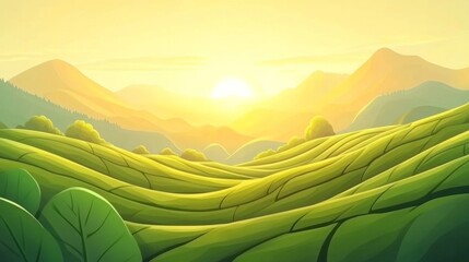 Obraz premium Golden Hour Hillside Landscape Sunrise, Green Hills, Digital Art, Nature Scenery Landscape, Digital Painting