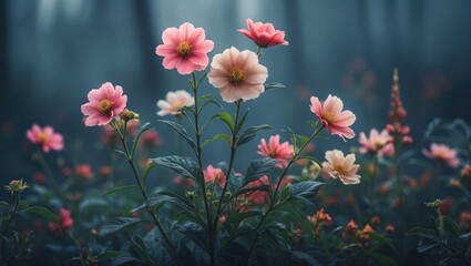 Group of pink flowers blooming in a garden with green leaves and a blurred background. Nature and floral scene. The image of flowers in a natural setting.