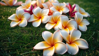 Fototapeta premium Cluster of white and yellow plumeria flowers lying on green grass.
