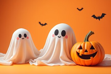Two friendly ghosts and a smiling jackolantern share a spooky halloween scene