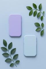 Pastel Purple and Light Blue Phone Cases Mockup with Green Leaves Minimalist Flatlay Product Branding Template Design Background for Digital Marketing Social Media Post Advertisement clean image      