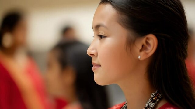 Young girl in red patterned dress wearing traditional necklace and diamond earring at a gathering, profile view looking left