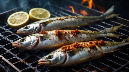 Obraz premium Fresh fish on a grill with lemon slices and spices, ready for cooking. Grilling seafood, food preparation, and flavoring. The concept of cooking and seafood.