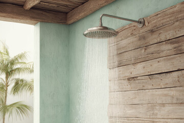 modern outdoor shower in rustic bathhouse or spa area surrounded by nature