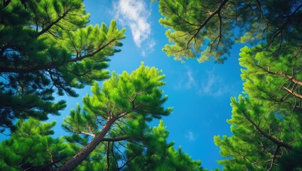 Obraz premium View of the sky through green pine trees on a bright, sunny day.