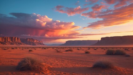 Fototapeta premium Desert landscape at sunset with cliffs and clouds, featuring a vast sandy terrain with sparse vegetation.