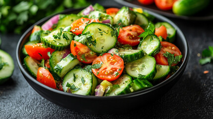 A vibrant avocado, tomato, and cucumber salad in a sleek black bowl rests on a white tabletop. Fresh ingredients pop with color, symbolizing health, freshness, and minimalist modern dining.

