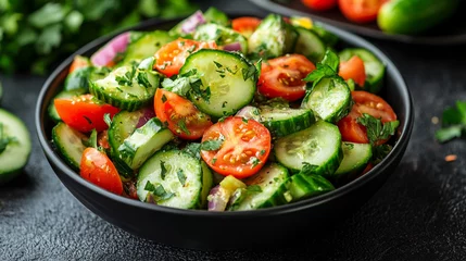 Fototapeten A vibrant avocado, tomato, and cucumber salad in a sleek black bowl rests on a white tabletop. Fresh ingredients pop with color, symbolizing health, freshness, and minimalist modern dining.   © Your Hand Please