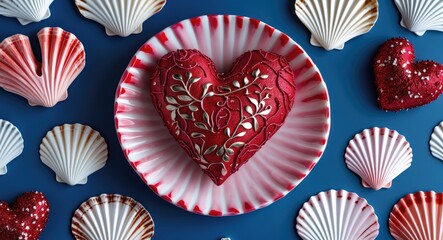A heart-shaped dessert on a striped plate surrounded by seashell-shaped confections, with a blue background.