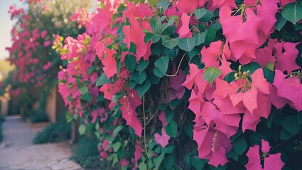 Colorful pink and green bougainvillea flowers growing along a pathway. Bright outdoor scene with vibrant flowering plants.