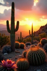 Golden hour light bathes saguaro cacti and desert flora , clouds, vibrant colors