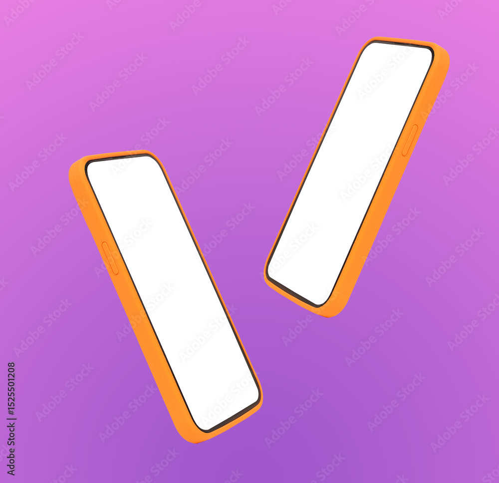 Poster Two phone mockup with blank screen floating in air. Pair of tilted mobile devices with orange and