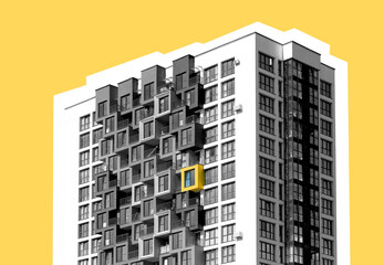 Unique yellow condo building with concrete facade and tall structure. Contemporary urban design