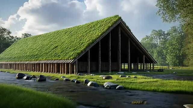 Captivating Viking Longhouse with Grass Roof Amidst Scenic Green Landscape
