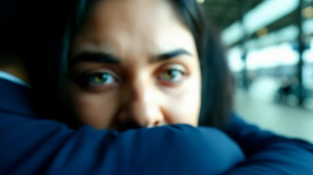 Close up of a woman's eye reflecting emotions as a couple says goodbye at a train station