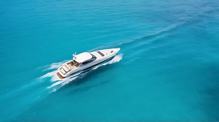 Fototapeta premium Aerial view of a sleek white luxury motorboat gliding on calm ocean waters