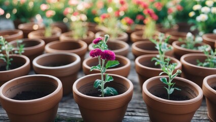 Fototapeta premium Multiple small terracotta pots with young flowering plants in a garden or nursery setting.