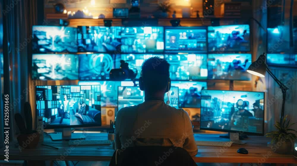 Poster person monitoring multiple computer screens in a futuristic workspace during nighttime, showcasing a