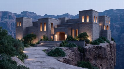 Fototapeta premium Fortress bastion sunset concept. A modern stone castle perched on a cliff surrounded by mountains at twilight.