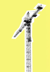 Yellow background with black silhouette of construction crane in bold graphic design. Modern