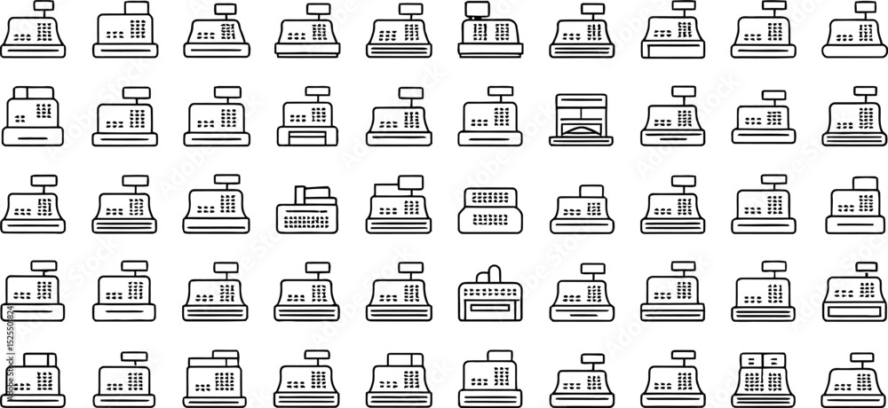 Poster collection of isolated simple linear illustrations of cash registers in a seamless pattern