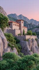 Fortress bastion sunset concept. A stone building nestled in rugged mountains at dusk, surrounded by lush greenery and rocky terrain.