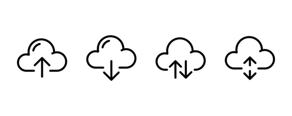 Upload and download vector icon set. File sharing, data transfer, cloud sync, arrow symbols, upload, download, web interface, mobile app, digital storage. Thin line UI icon pack.