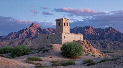Fortress bastion sunset concept. Historical stone tower set against dramatic mountain landscape at dusk.