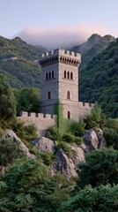 Fortress bastion sunset concept. Historic tower nestled in lush mountains under a serene sky.