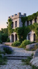 Fortress bastion sunset concept. A stone building covered in ivy, surrounded by rocks and greenery, under a soft pastel sky.