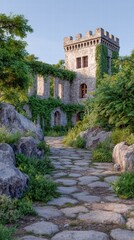 Fortress bastion sunset concept. A stone path leads to an overgrown castle surrounded by lush greenery and rocky terrain.