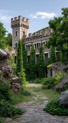Fortress bastion sunset concept. Abandoned castle overtaken by nature, showcasing intricate stonework and lush greenery.