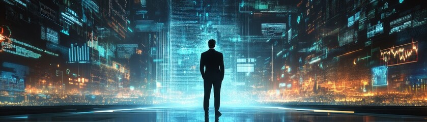 Man Facing Digital Cityscape Data Visualization and Future Tech, Big Data, Data Analytics