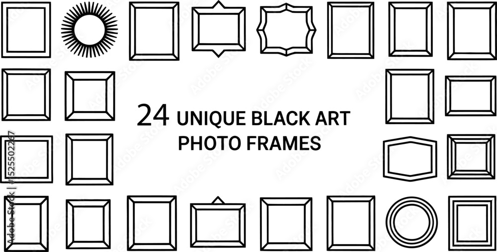 Poster collection of twenty four unique black art photo frame outlines for various design applications