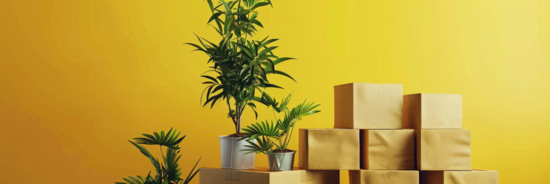 horizontal banner for courier service advertisement, cardboard boxes, indoor plants, yellow background, copy space, free space for text