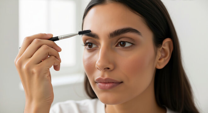 Woman grooming eyebrows with spoolie brush applying makeup in bright bathroom. Professional brow styling and beauty salon services for eyebrow enhancement treatments